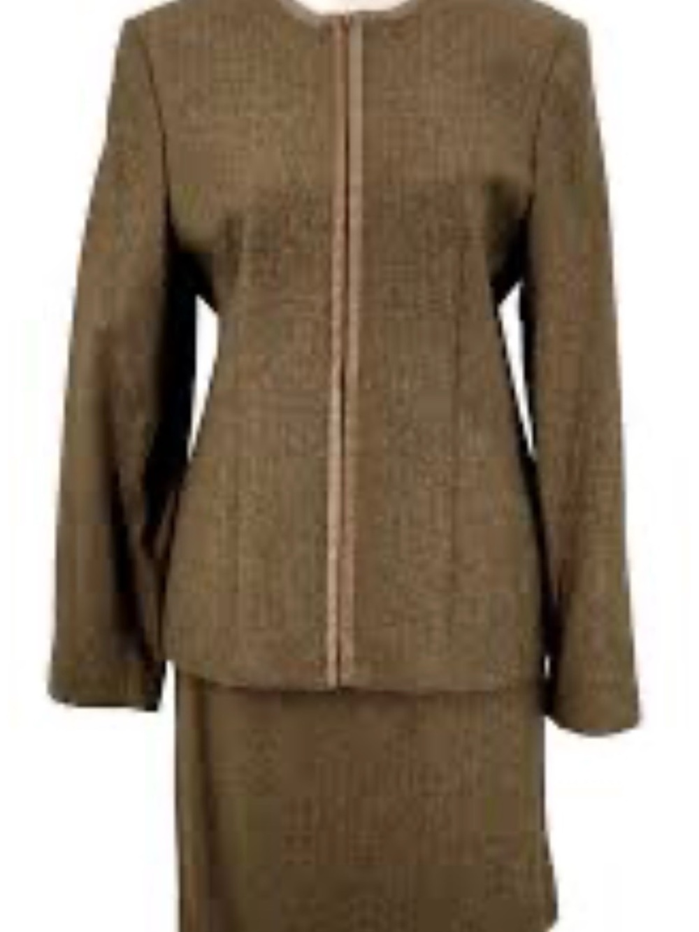 Kate Hill 2pc Skirt Suit Set 16W Brown Herringbone Wool Blend Lined Leathertrim